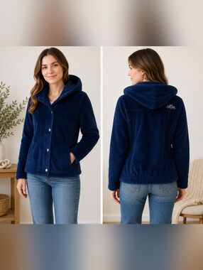 hot chilys fleece jacket womens blue full zip snap hooded soft cozy casual m